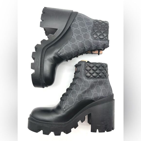 Gucci Apollo GG Monogram Canvas Black Leather Samoa Trip Combat Boots EU 40 US10 - Picture 6 of 13